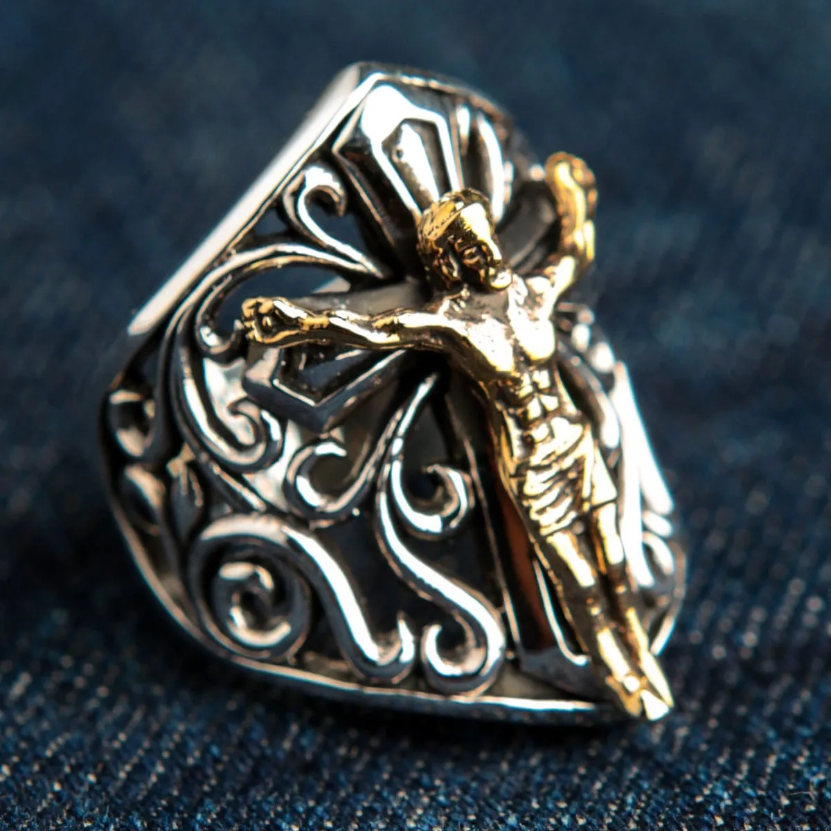 Sterling Silver Cross Gold Jesus Mens Ring