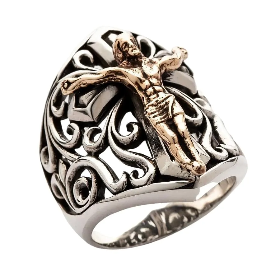 Sterling Silver Cross Gold Jesus Mens Ring