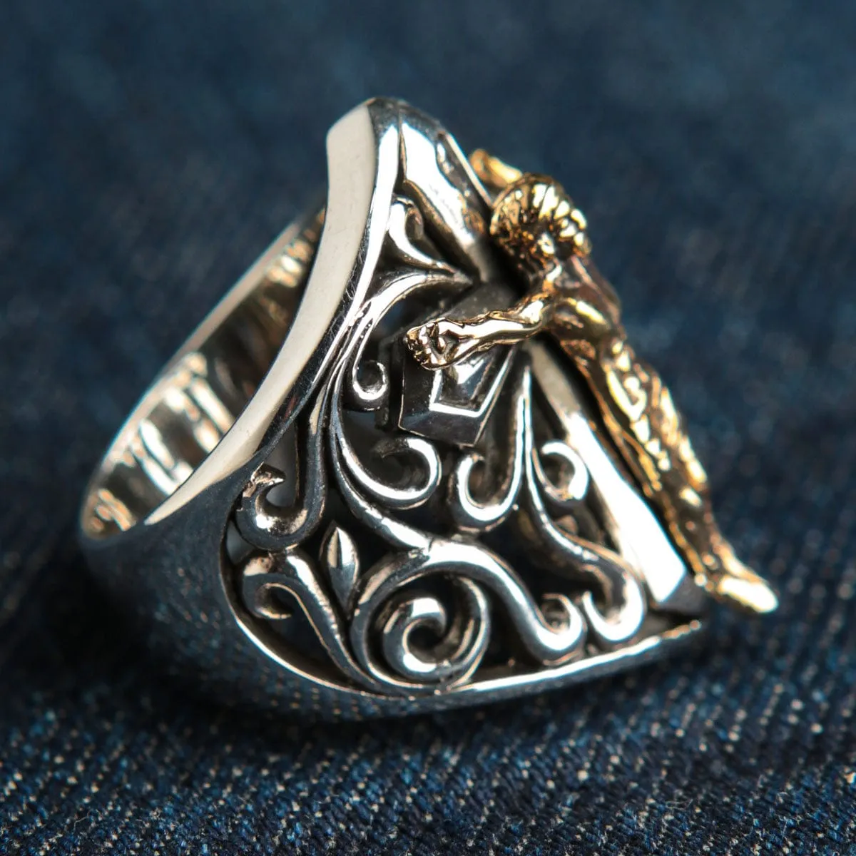 Sterling Silver Cross Gold Jesus Mens Ring