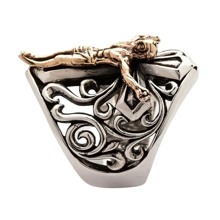 Sterling Silver Cross Gold Jesus Mens Ring