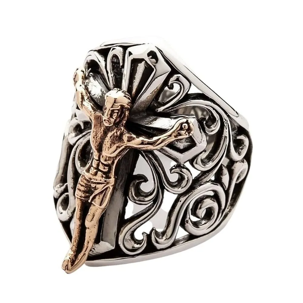 Sterling Silver Cross Gold Jesus Mens Ring