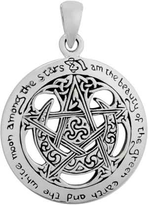 Sterling Silver Pentagram Cut Out Moon Pentacle Pendant; 1 Inch Diameter