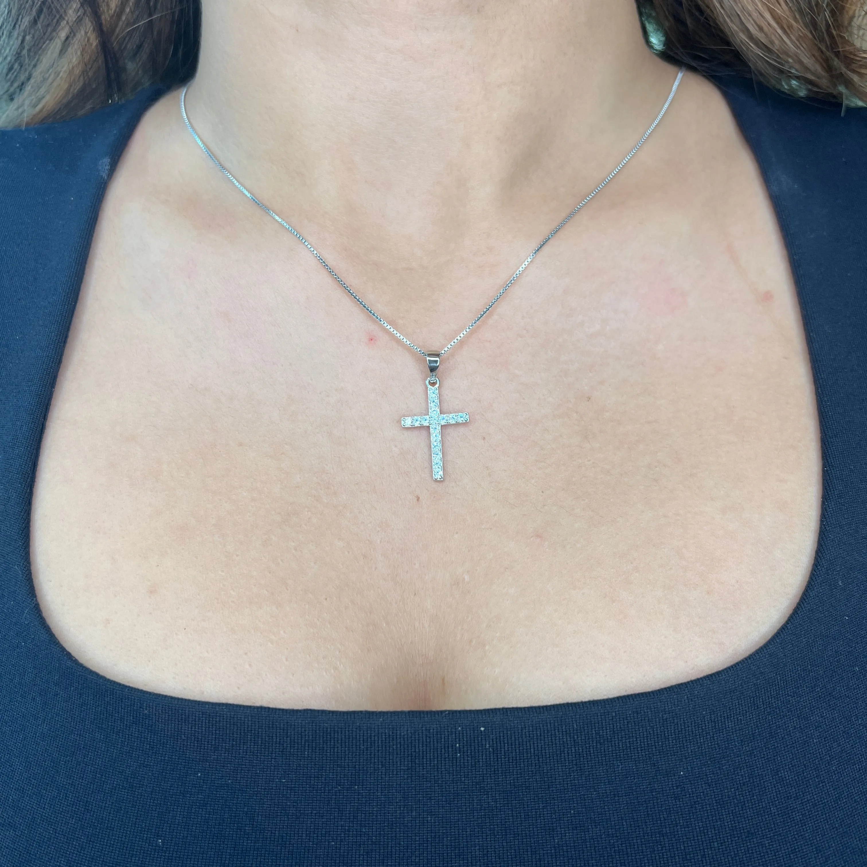 Sterling Silver Rhodium Plated CZ Cross Necklace