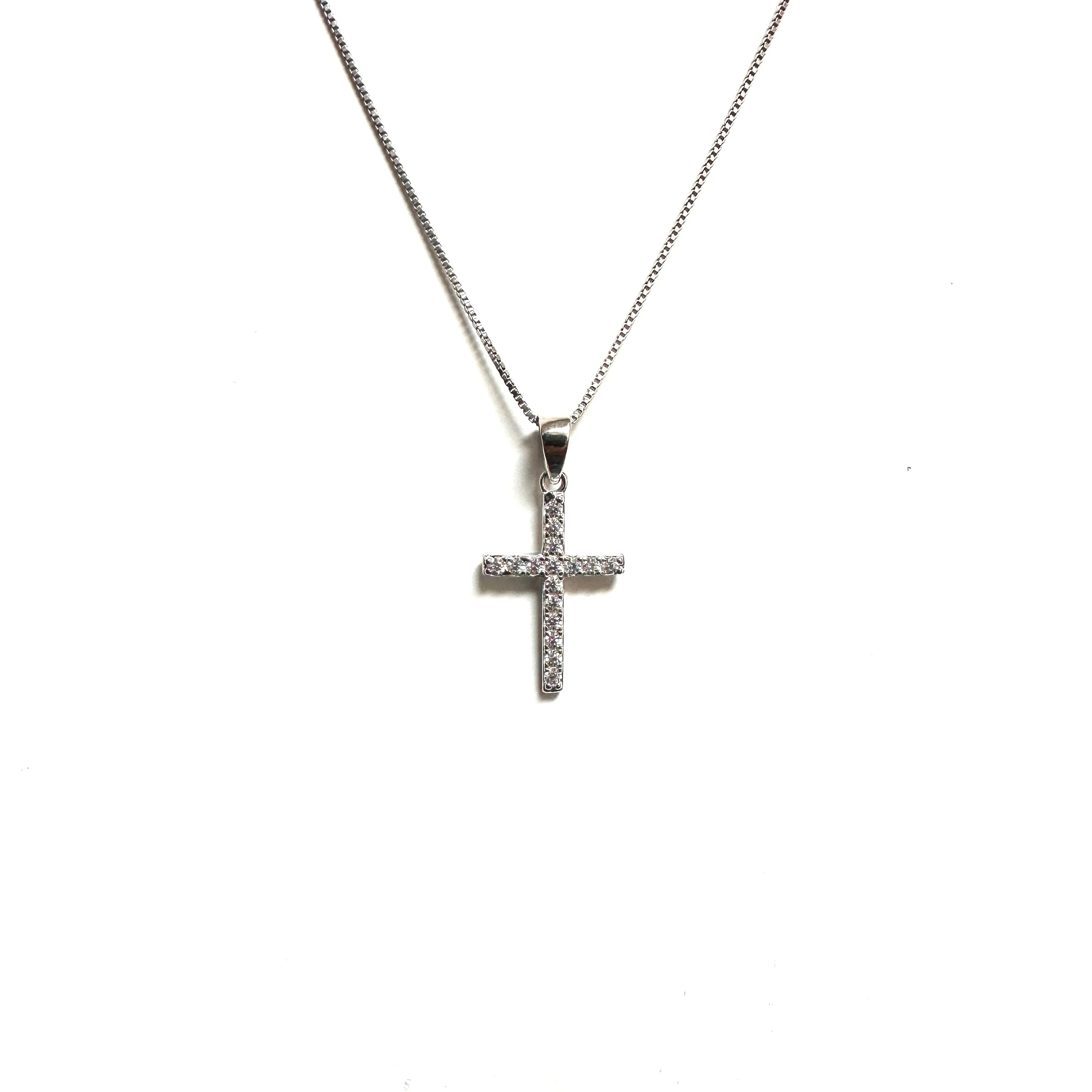 Sterling Silver Rhodium Plated CZ Cross Necklace
