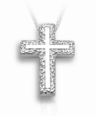 Swirl Border Cross Sterling Silver Cremation Necklace