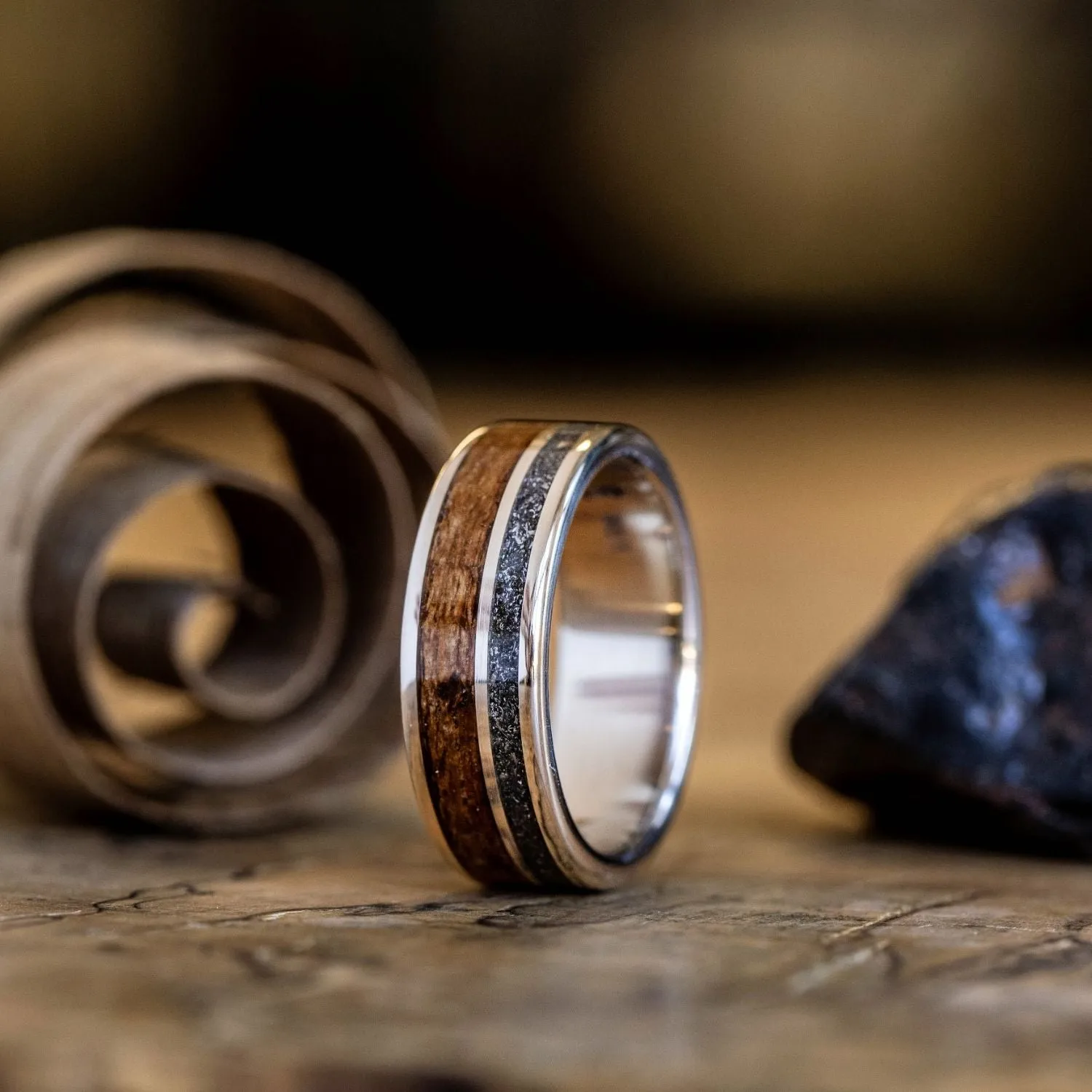 The Expedition | Men's Gold Meteorite Wedding Band with USS North Carolina Battleship Teak Wood