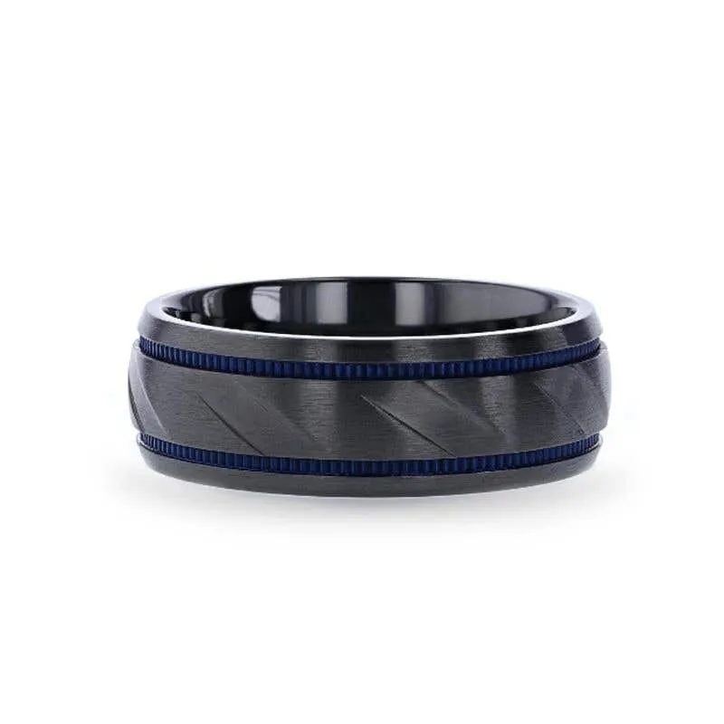 Thorsten PATROL Black Titanium Carved Diagonal Pattern Brushed Finish Men’s Wedding Ring with Blue Milgrain Grooves – 8mm