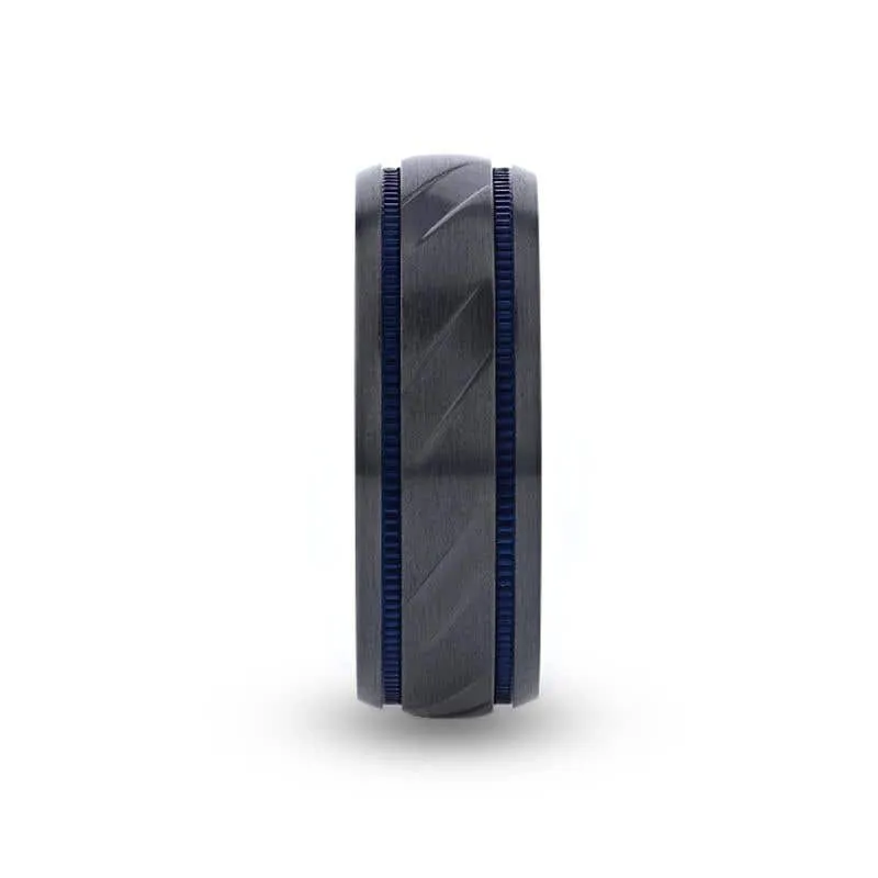 Thorsten PATROL Black Titanium Carved Diagonal Pattern Brushed Finish Men’s Wedding Ring with Blue Milgrain Grooves – 8mm