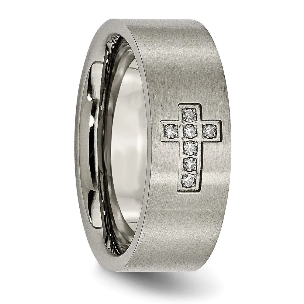 Titanium Brushed 1/15ct Diamond Cross 8mm Flat Band