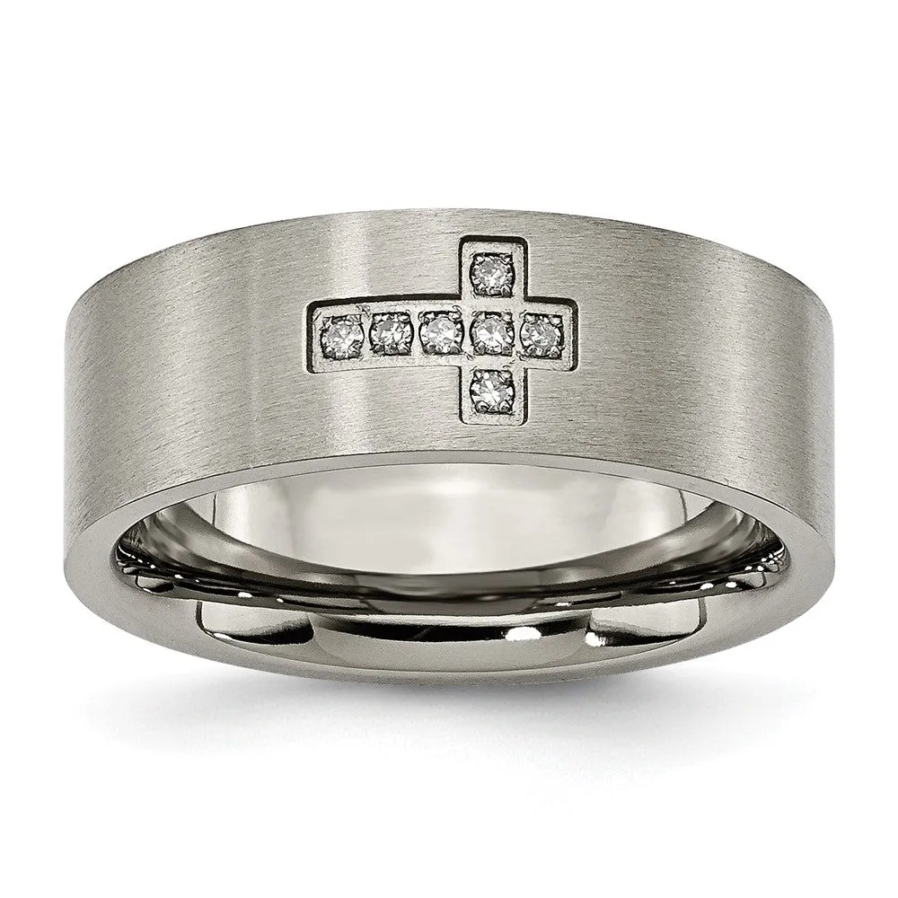 Titanium Brushed 1/15ct Diamond Cross 8mm Flat Band