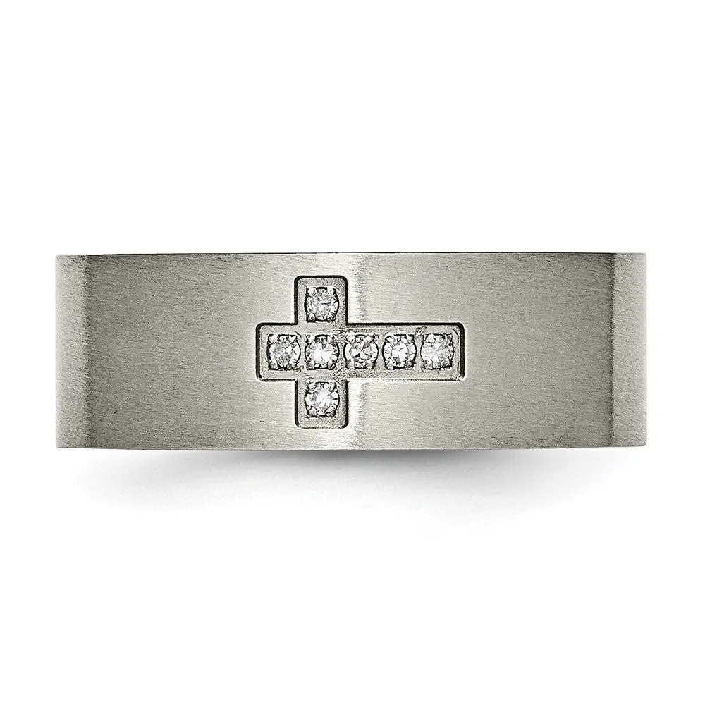 Titanium Brushed 1/15ct Diamond Cross 8mm Flat Band