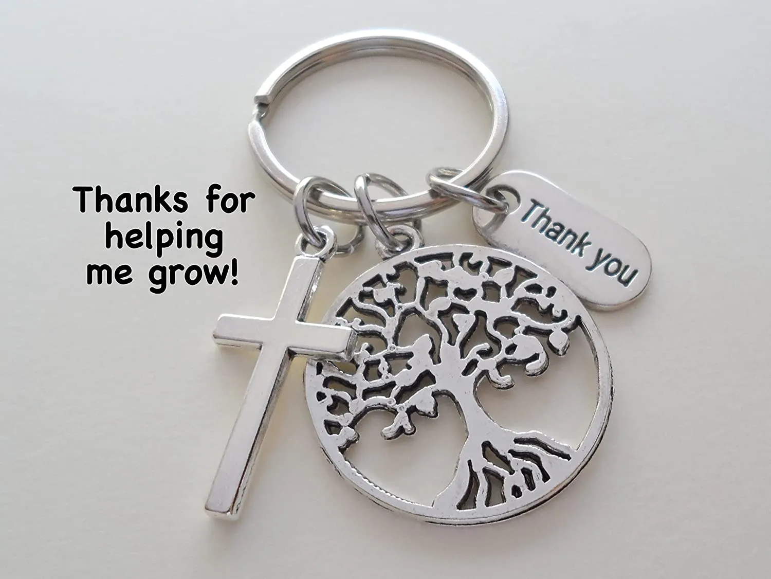 Tree, Cross, & Thank You Charm Keychain, Religious Teacher, Neighbor or Volunteer Keychain