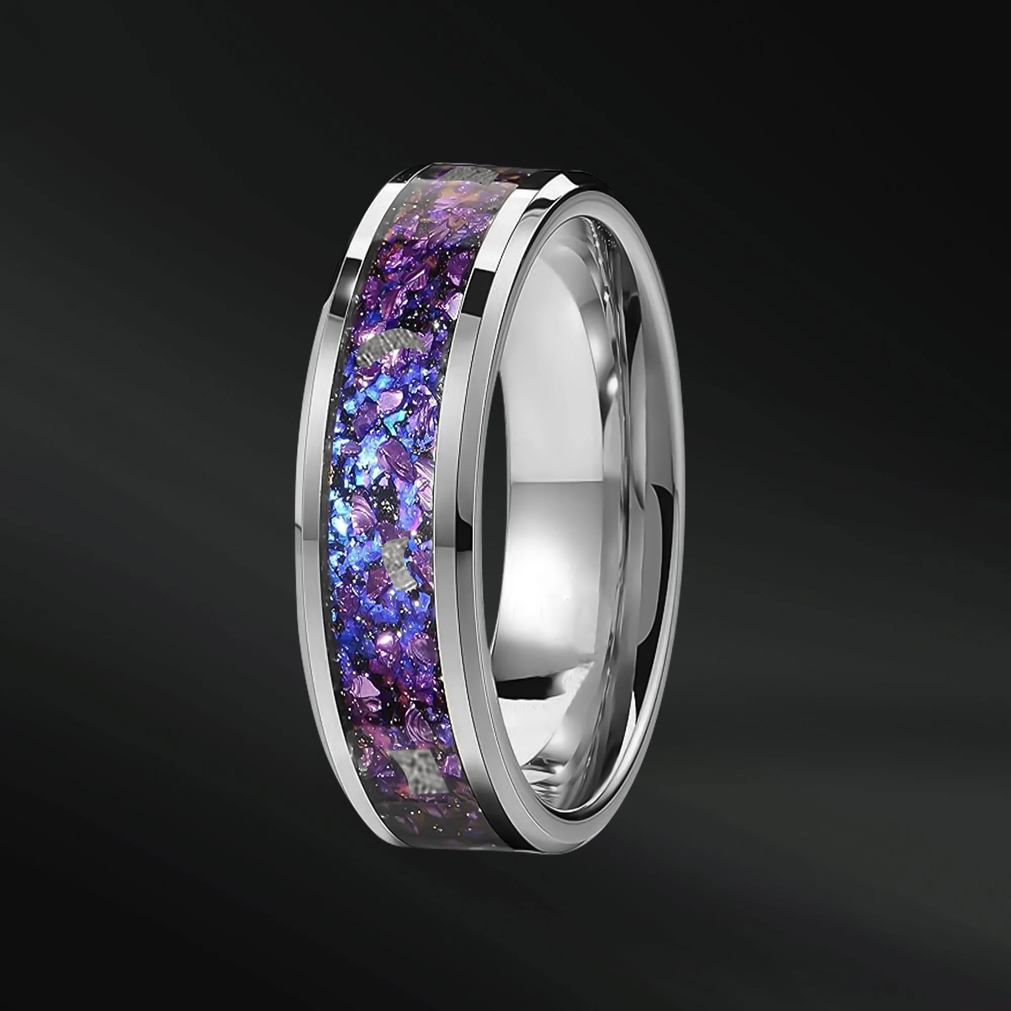 Twilight Spark Set - 3PCS His & Her Wedding Ring Set | Natural Amethyst Engagement Ring With Natural Diamonds | Muonionalusta Meteorite, Amethyst and Opal Wedding Band