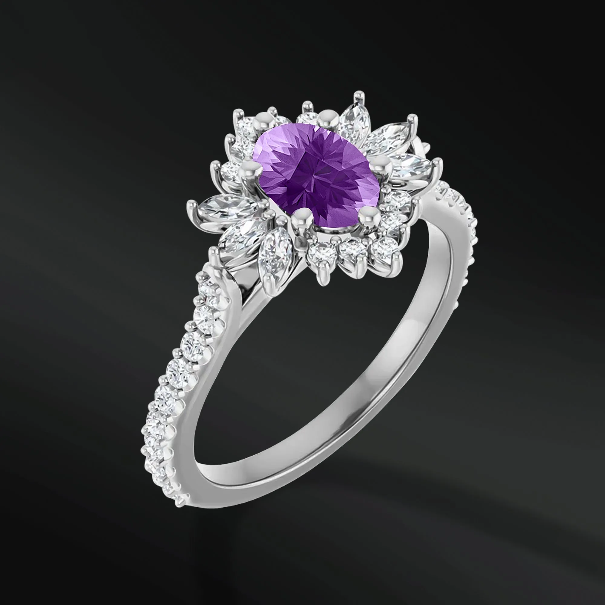 Twilight Spark Set - 3PCS His & Her Wedding Ring Set | Natural Amethyst Engagement Ring With Natural Diamonds | Muonionalusta Meteorite, Amethyst and Opal Wedding Band