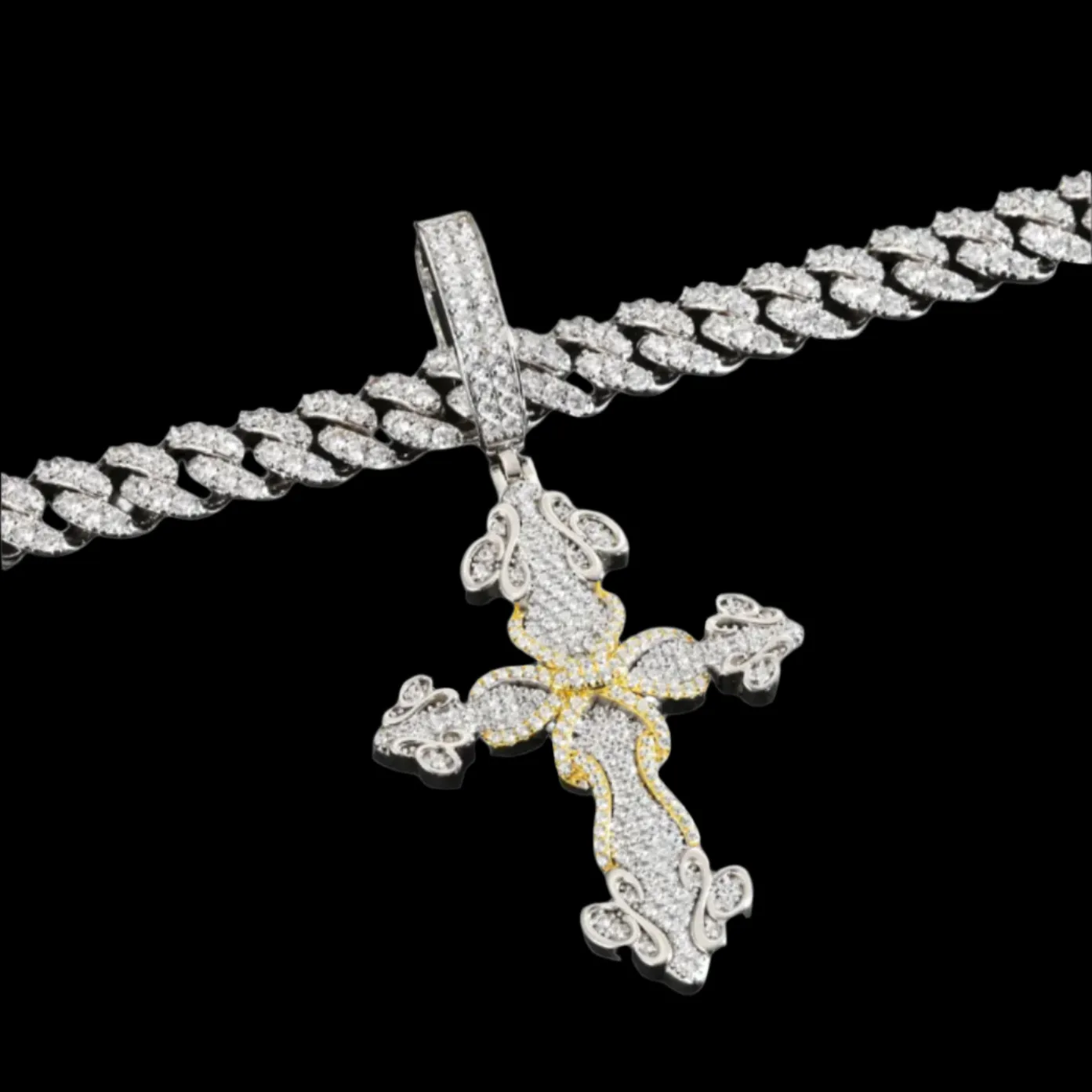 Two Tone 925 Sterling Cubic Zirconia Iced Out Cross Pendant Charm - C400149