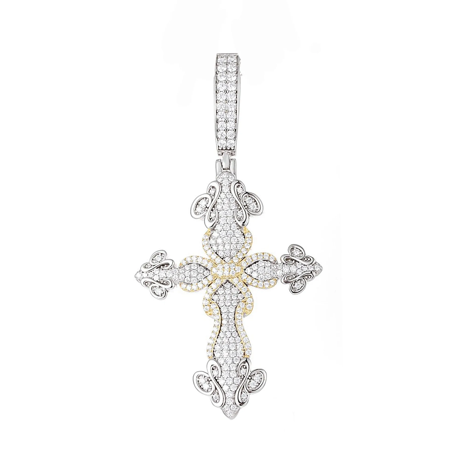 Two Tone 925 Sterling Cubic Zirconia Iced Out Cross Pendant Charm - C400149