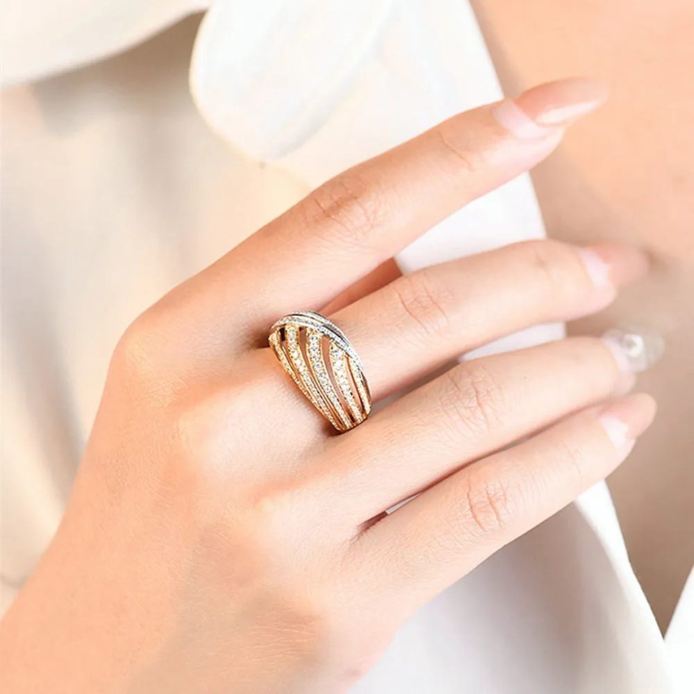 Two Tone Gold Diamond Pave Wide Cocktail Ring