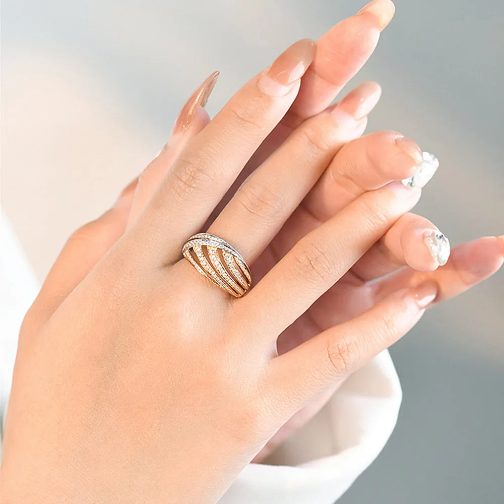 Two Tone Gold Diamond Pave Wide Cocktail Ring