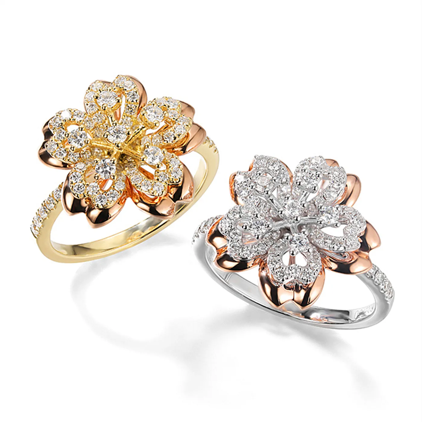 Two Tone Gold Diamond Sakura Flower Ring