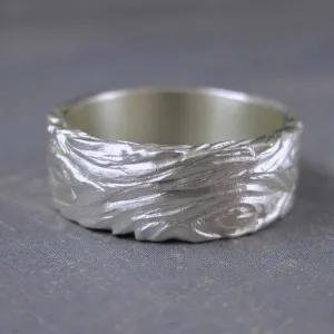 Unique mens wedding band with wood grain texture handmade