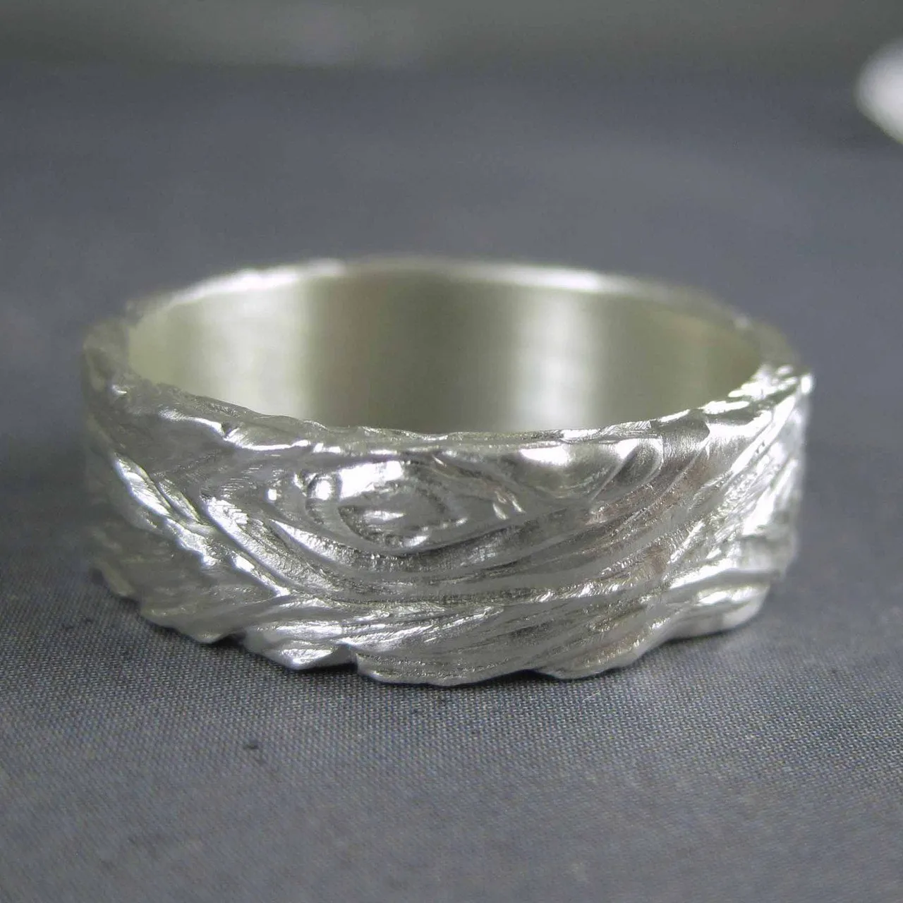 Unique mens wedding band with wood grain texture handmade
