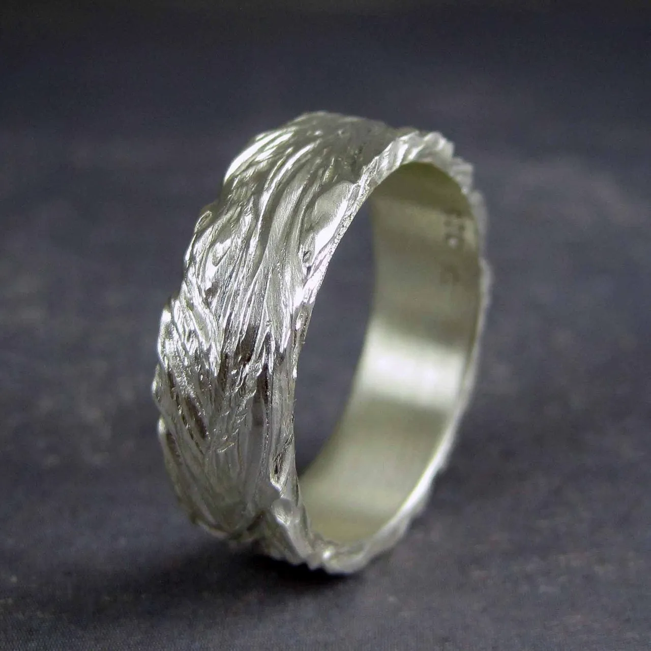 Unique mens wedding band with wood grain texture handmade