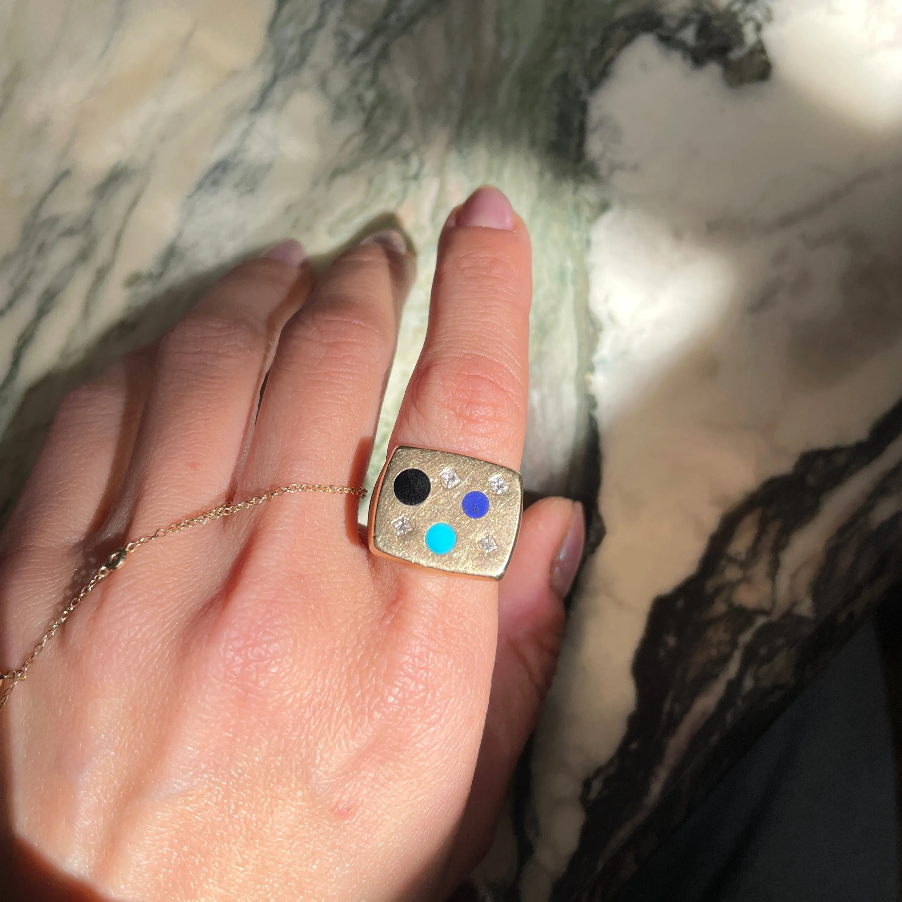 Vintage 14k Inlaid Dot   Diamond Signet Ring