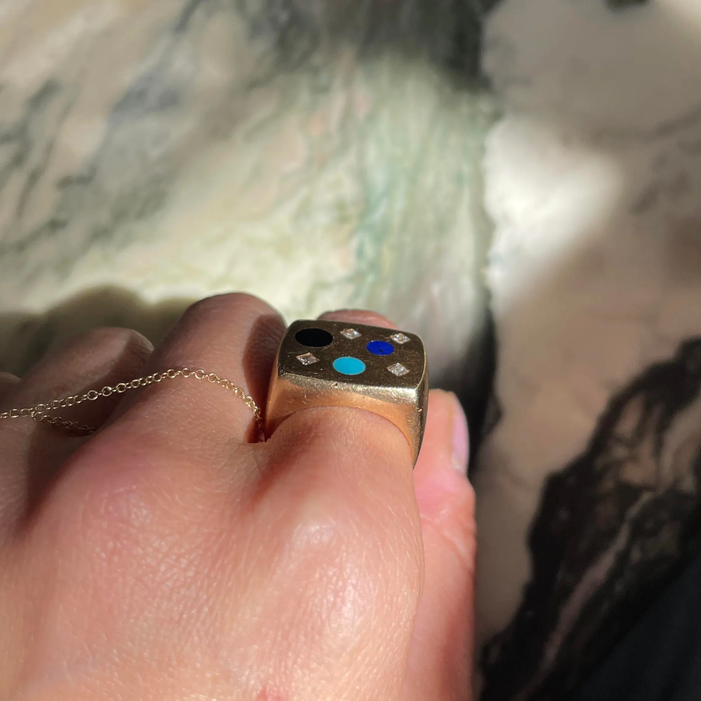 Vintage 14k Inlaid Dot   Diamond Signet Ring