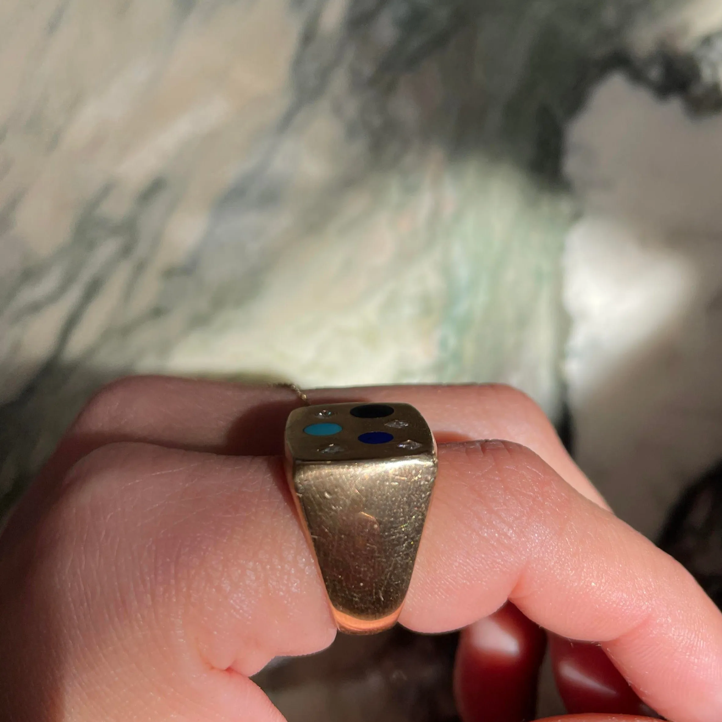 Vintage 14k Inlaid Dot   Diamond Signet Ring