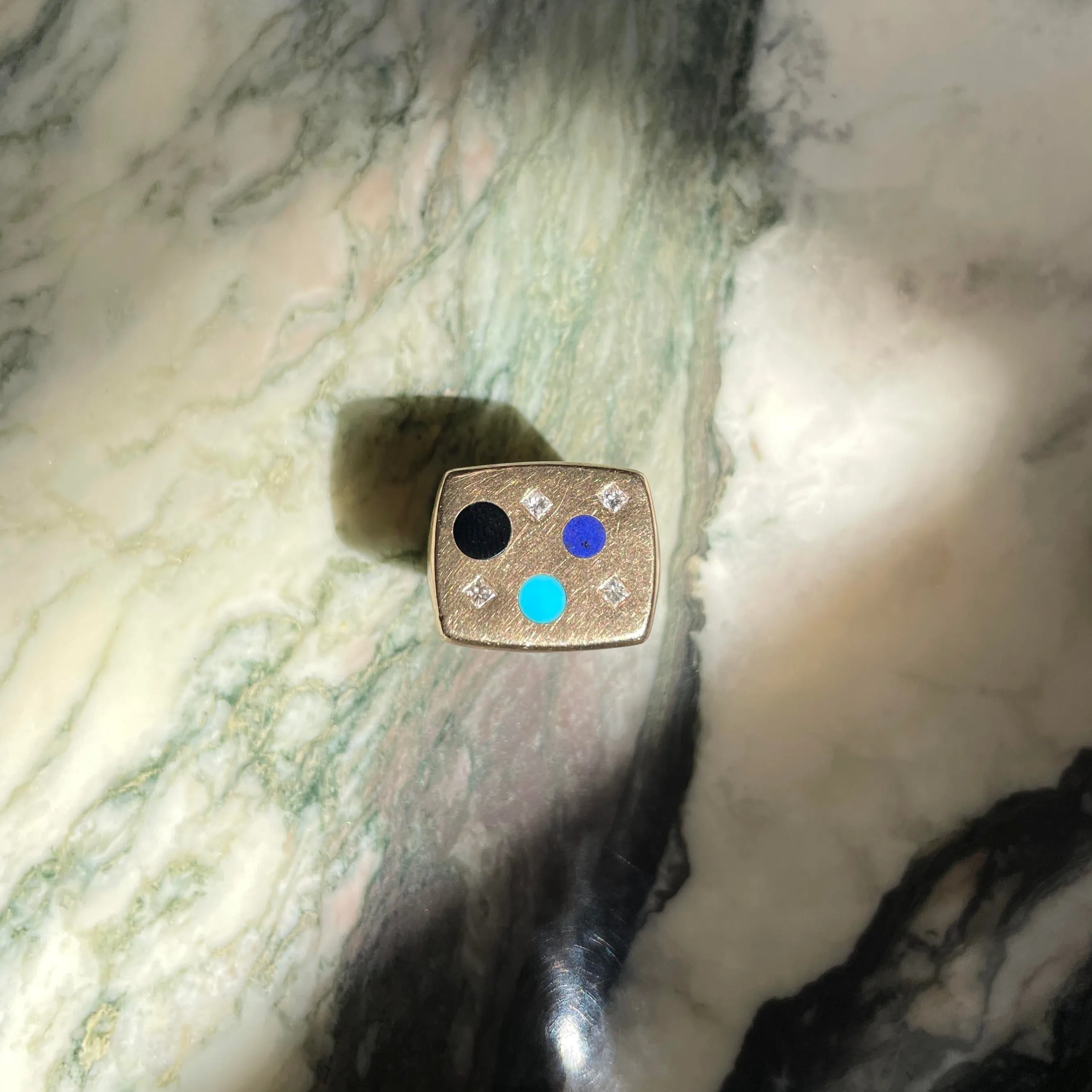Vintage 14k Inlaid Dot   Diamond Signet Ring