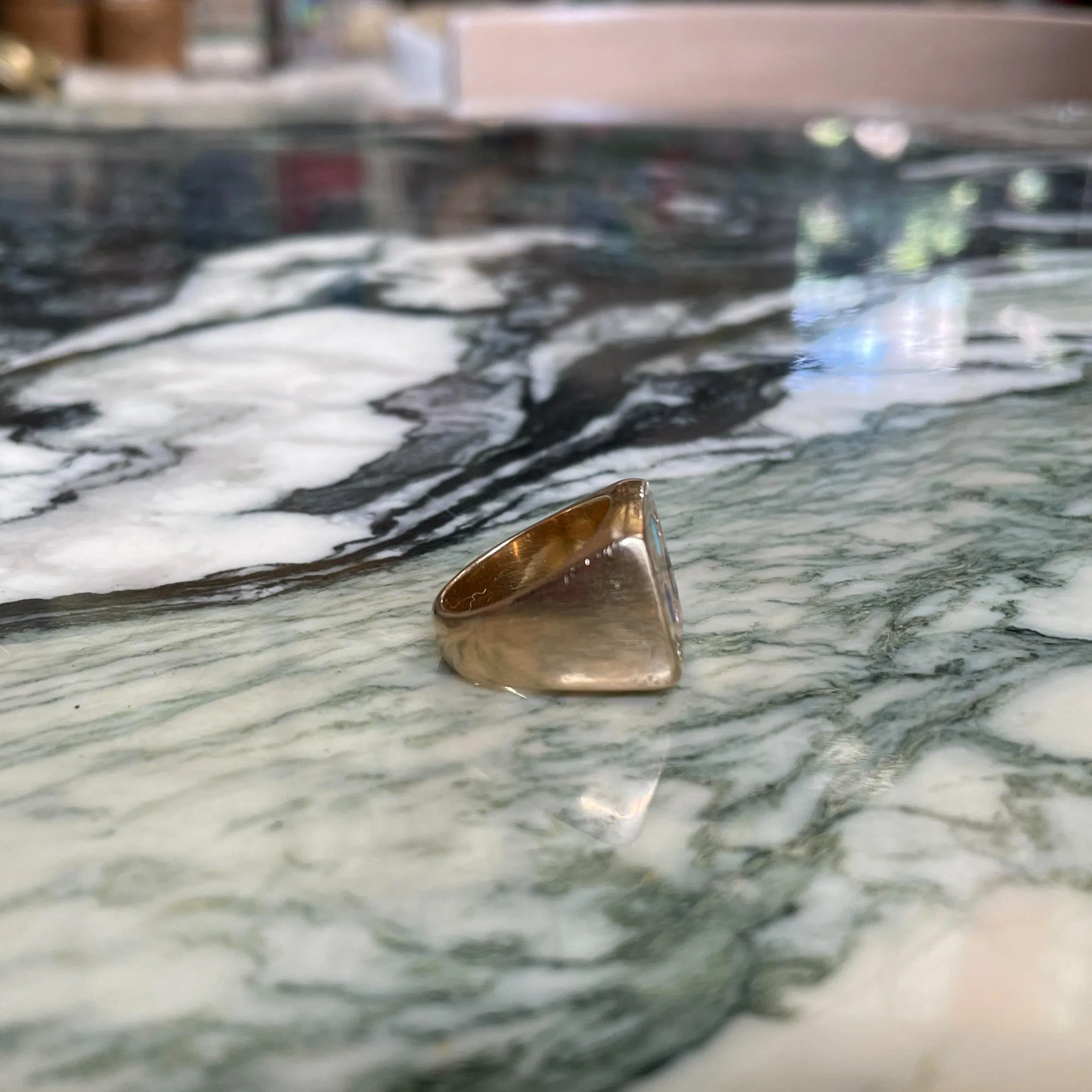 Vintage 14k Inlaid Dot   Diamond Signet Ring