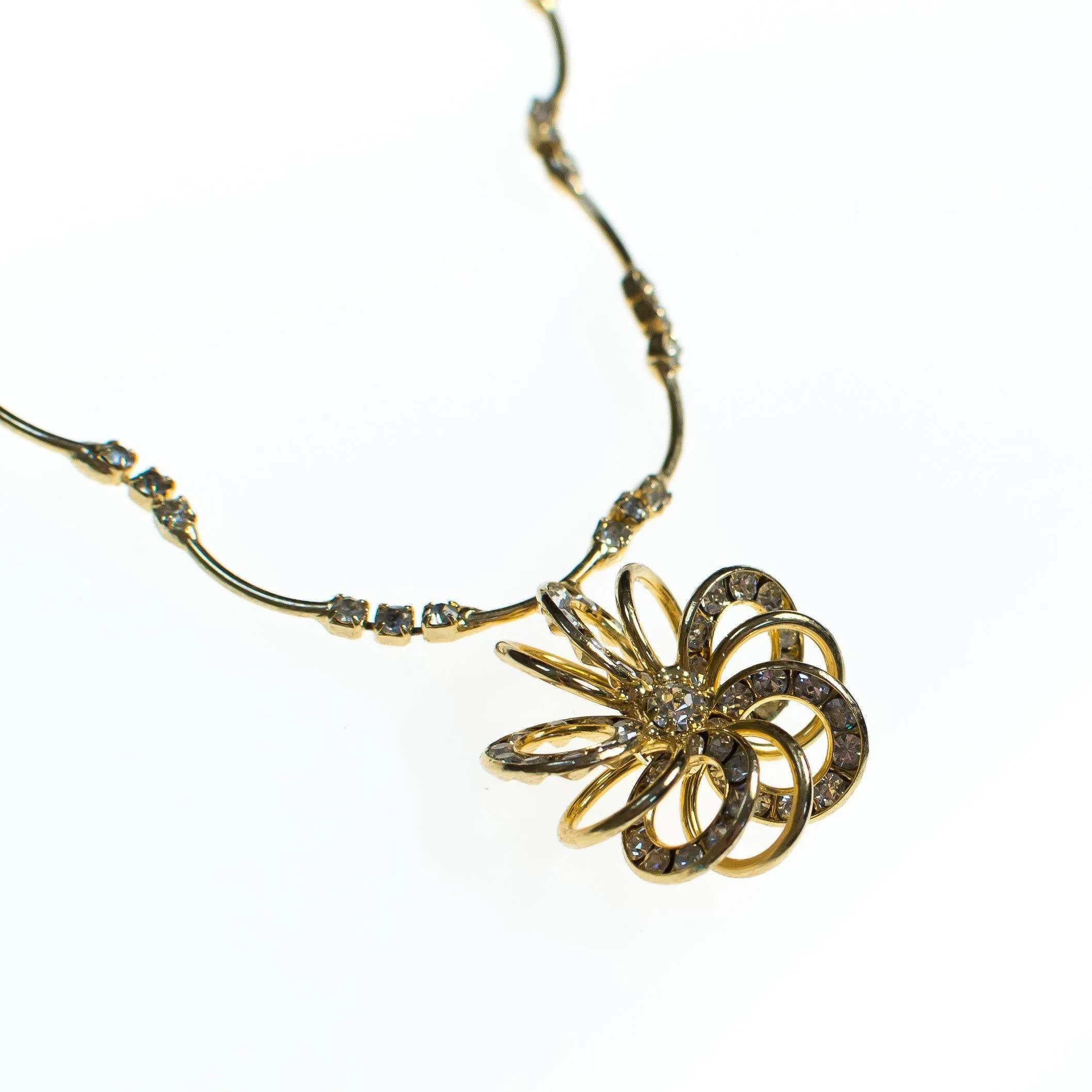 Vintage Dainty 1950s Gold Wired Flower and Rhinestone Necklace