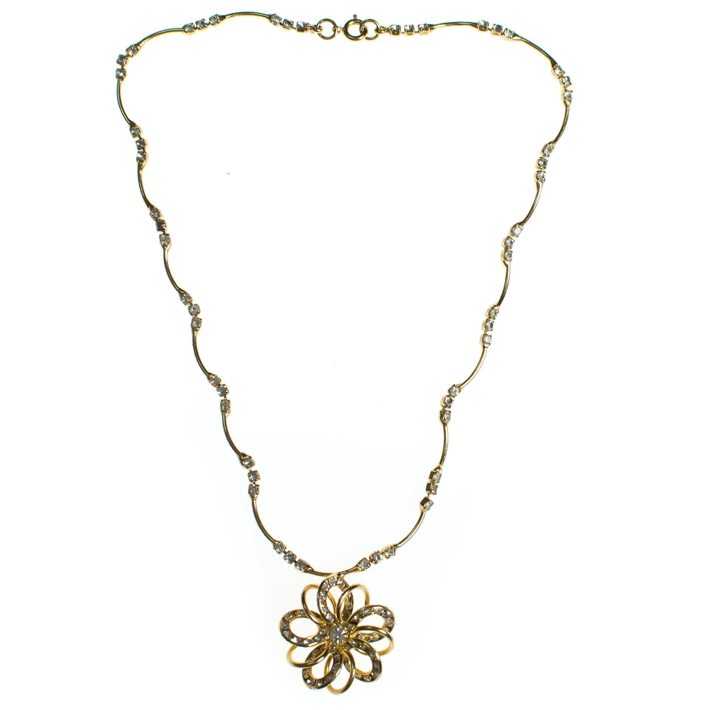 Vintage Dainty 1950s Gold Wired Flower and Rhinestone Necklace
