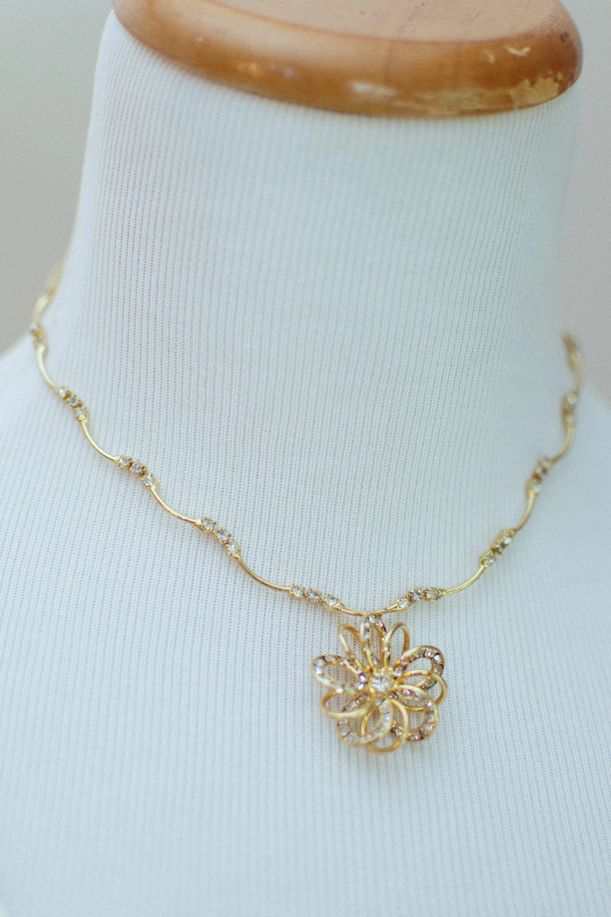 Vintage Dainty 1950s Gold Wired Flower and Rhinestone Necklace