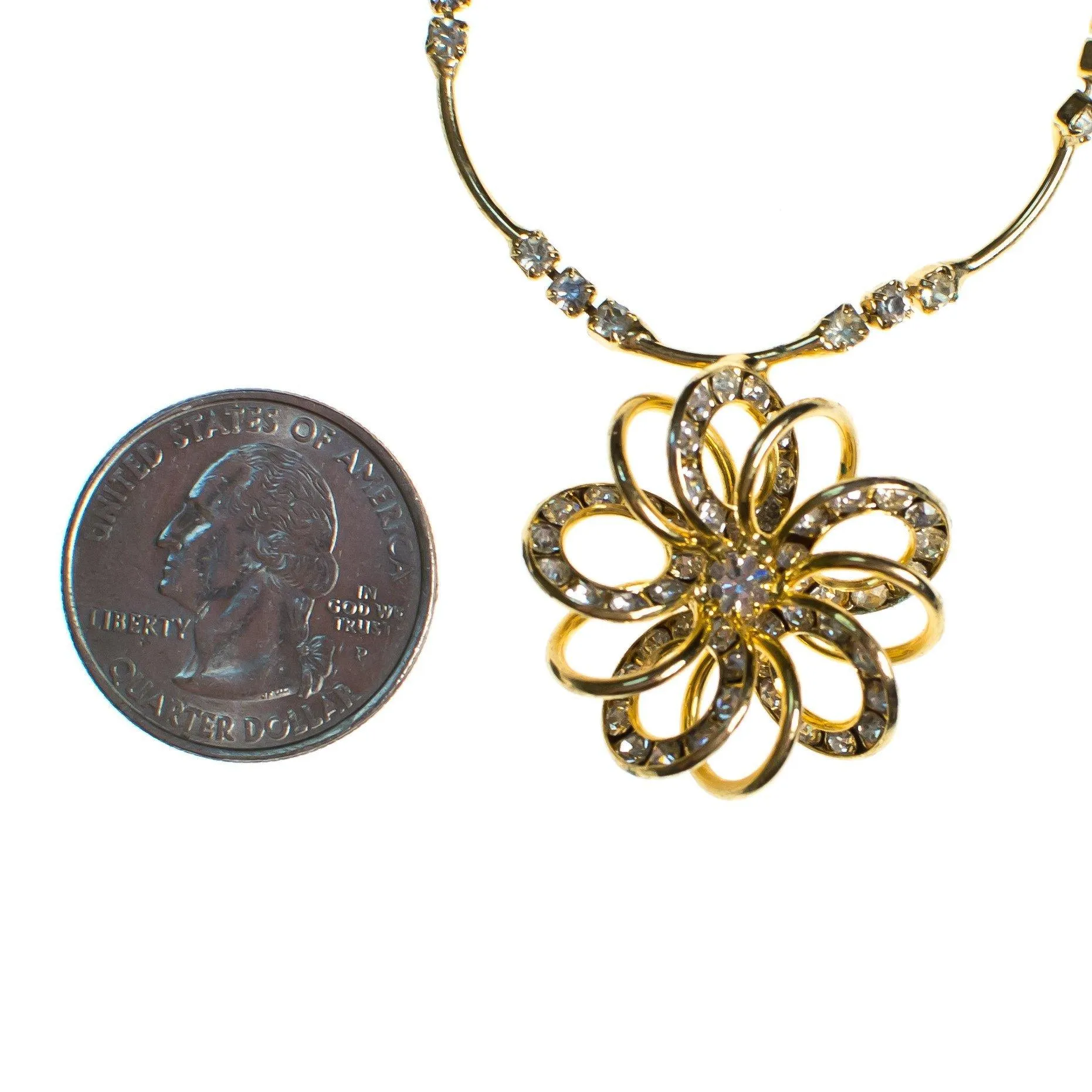 Vintage Dainty 1950s Gold Wired Flower and Rhinestone Necklace