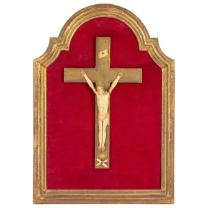 Vintage French Crucifix on Red Velvet & Gilt Plaque