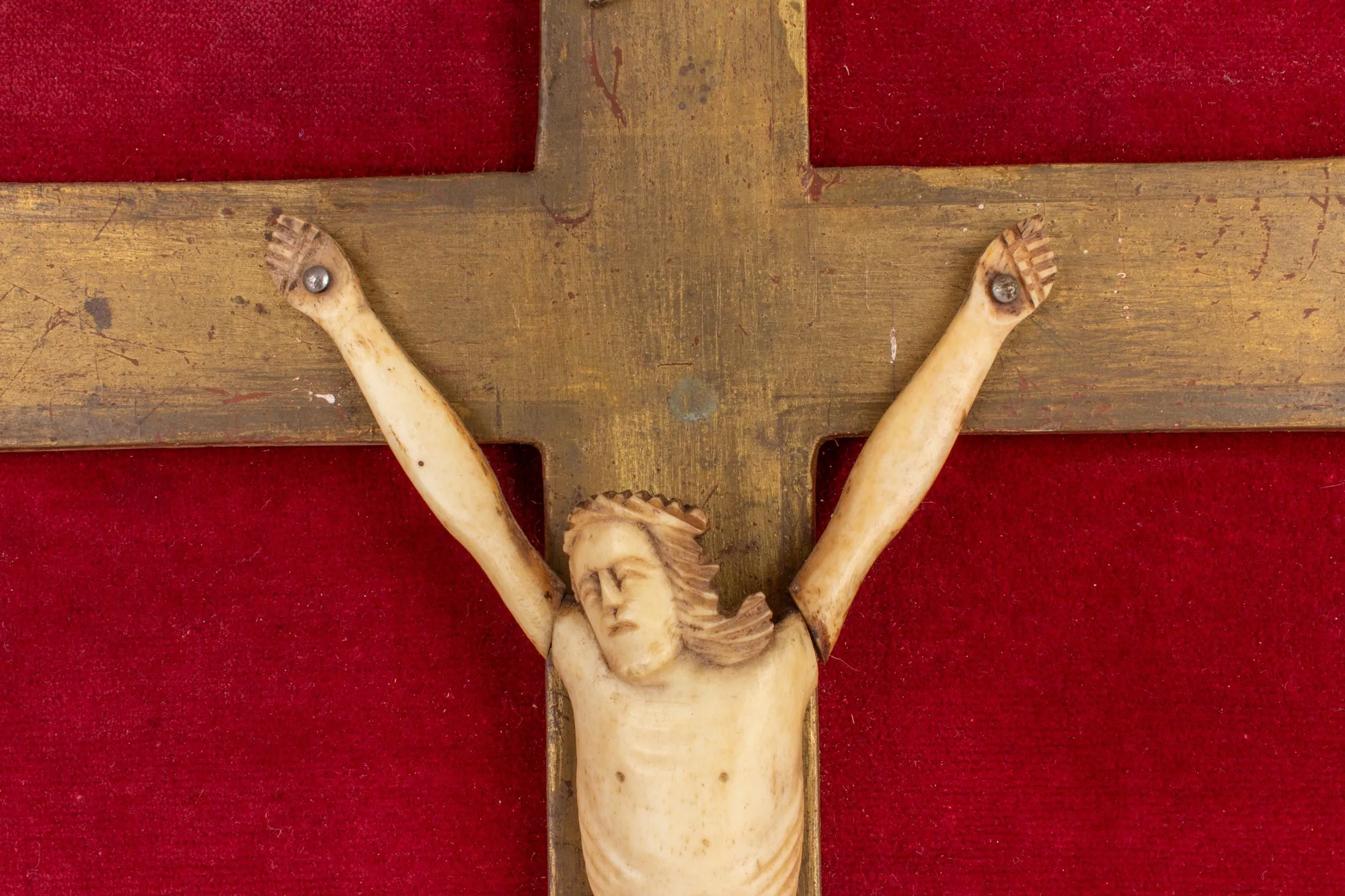 Vintage French Crucifix on Red Velvet & Gilt Plaque