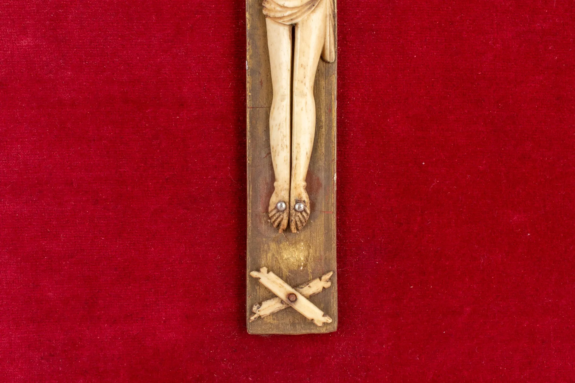 Vintage French Crucifix on Red Velvet & Gilt Plaque