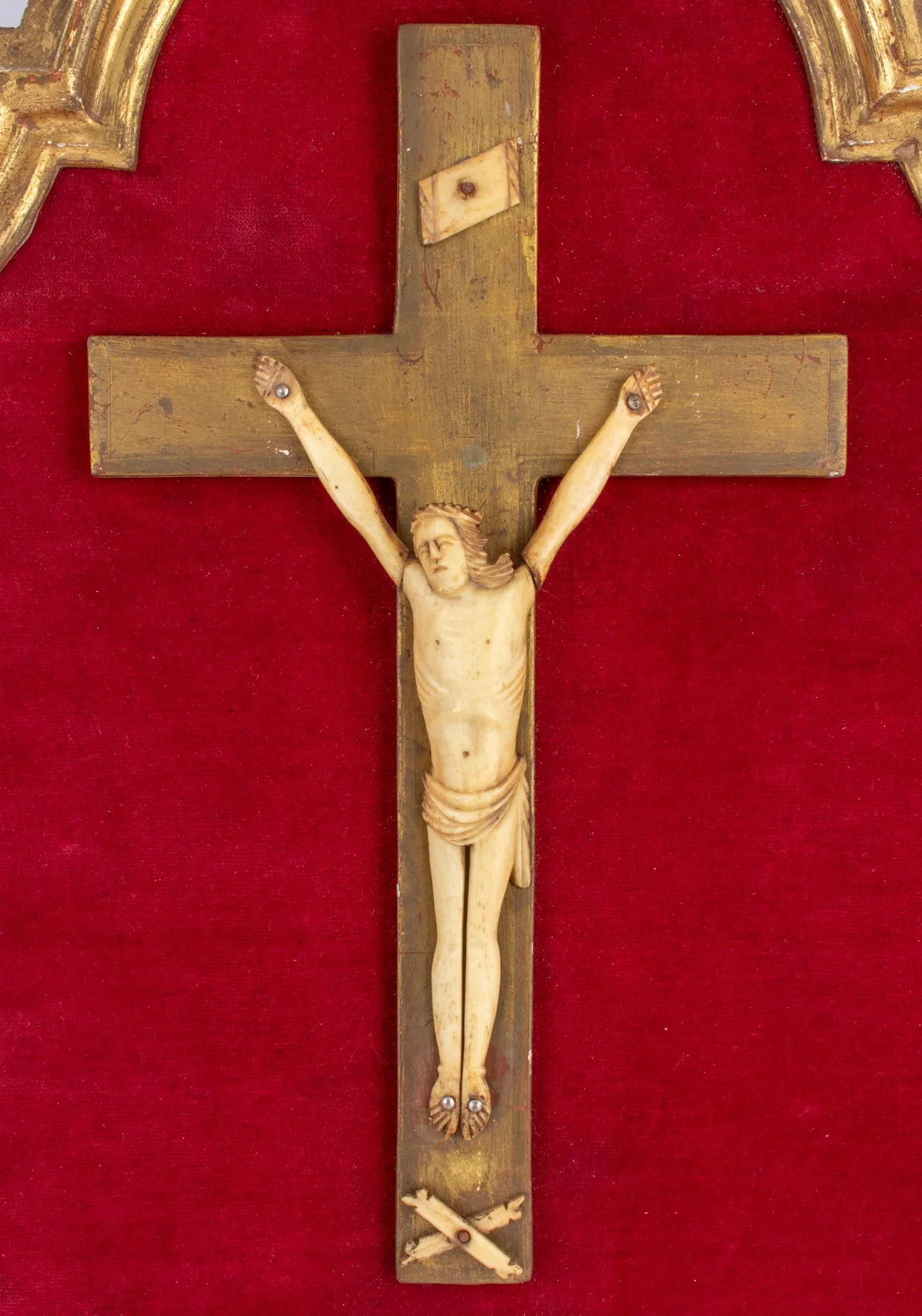 Vintage French Crucifix on Red Velvet & Gilt Plaque