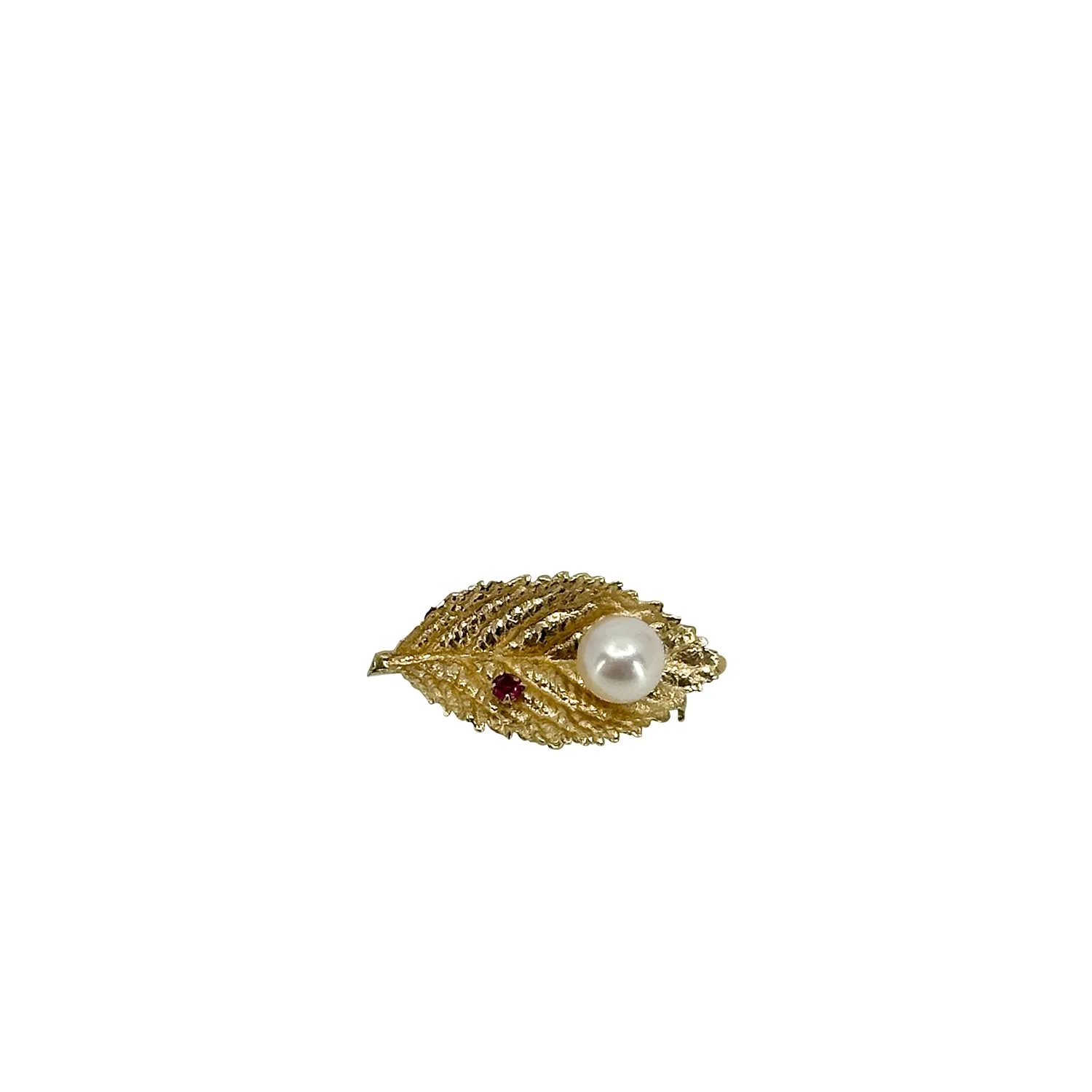 Vintage Gold Japanese Saltwater Akoya Cultured Pearl Pink Tourmaline Realistic Leaf Brooch- Gold Plate