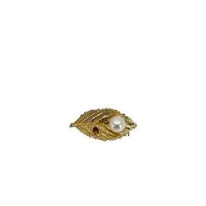 Vintage Gold Japanese Saltwater Akoya Cultured Pearl Pink Tourmaline Realistic Leaf Brooch- Gold Plate