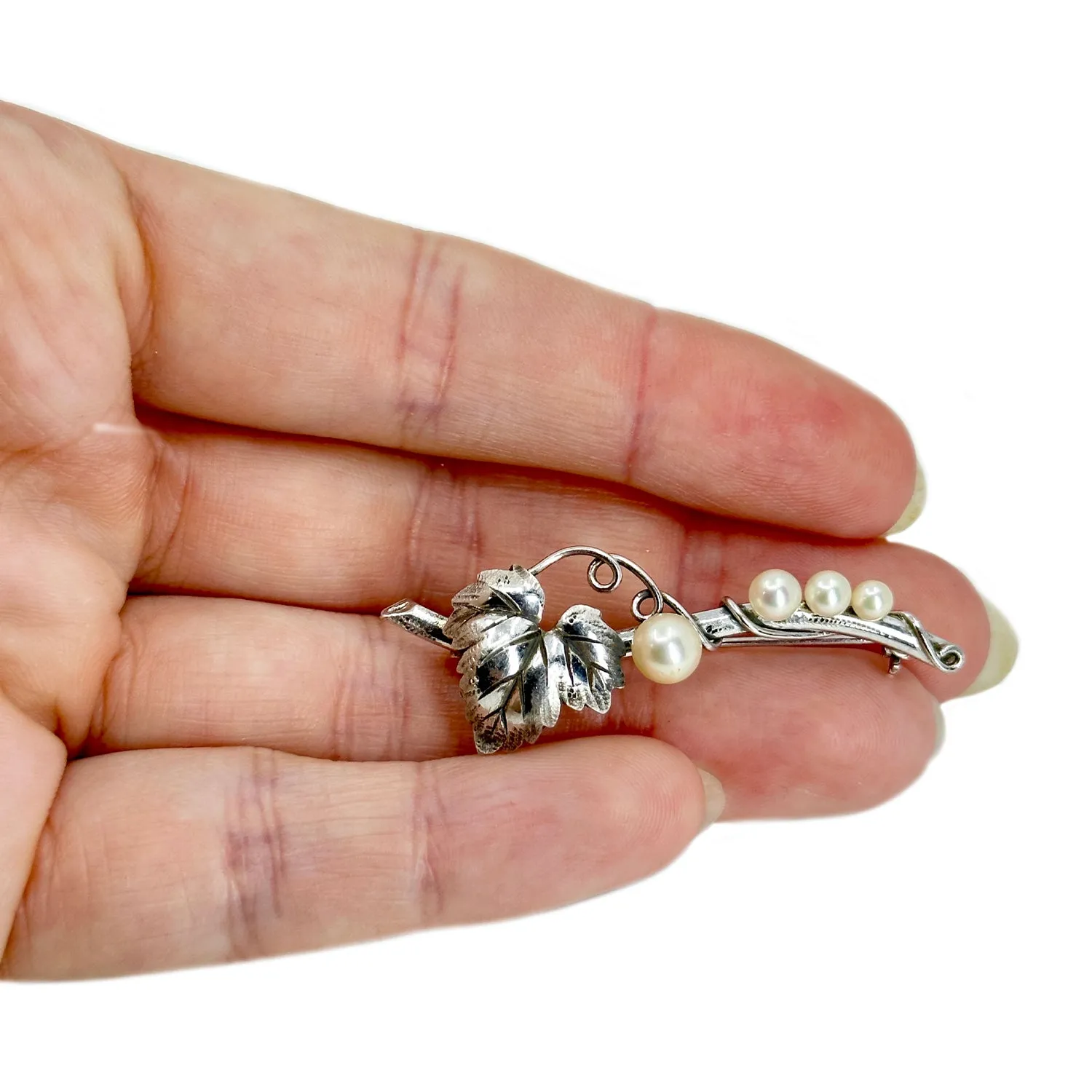 Vintage Grape Branch Japanese Saltwater Akoya Cultured Pearl Pin Brooch- Sterling Silver