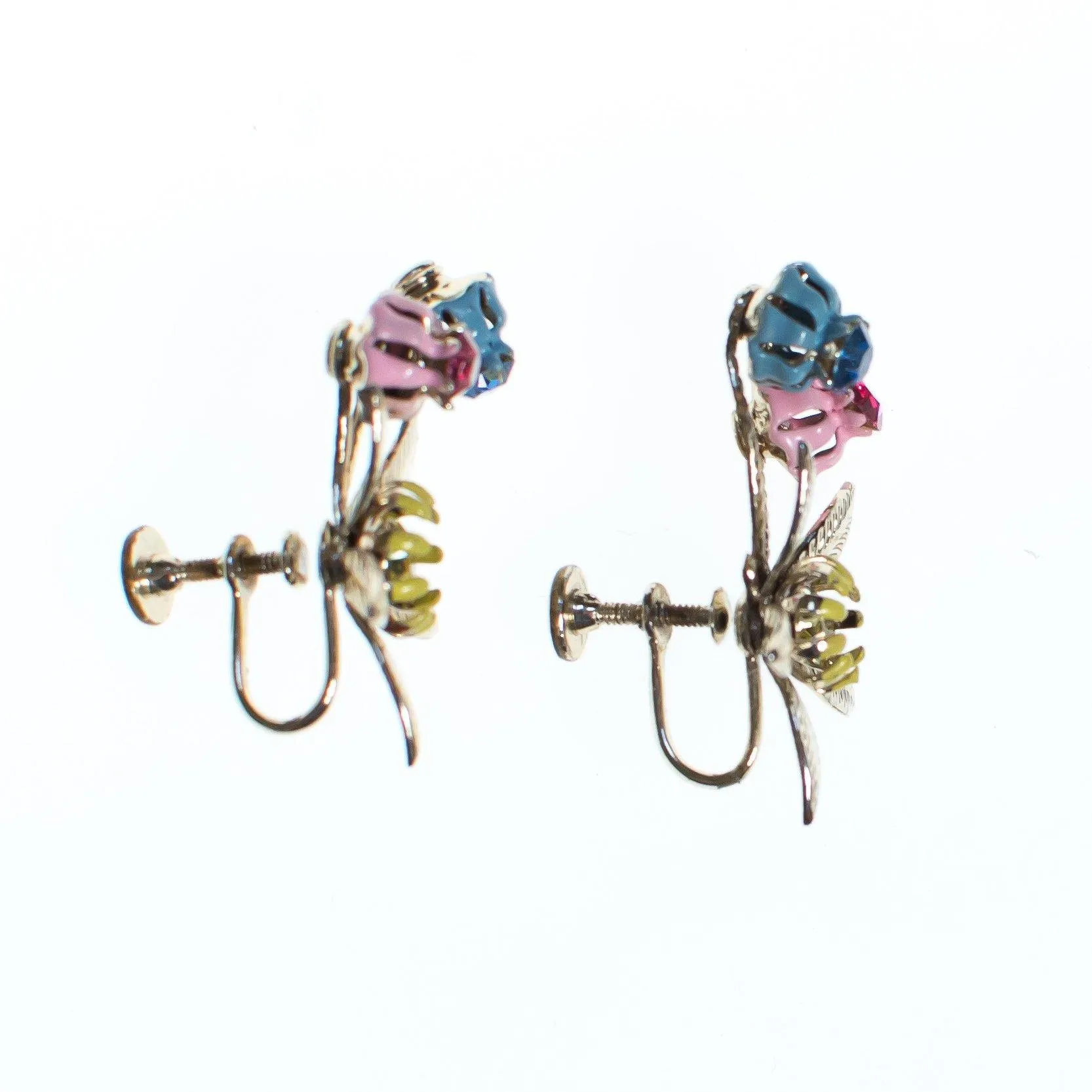 Vintage Pink Blue and Gold Flower Earrings