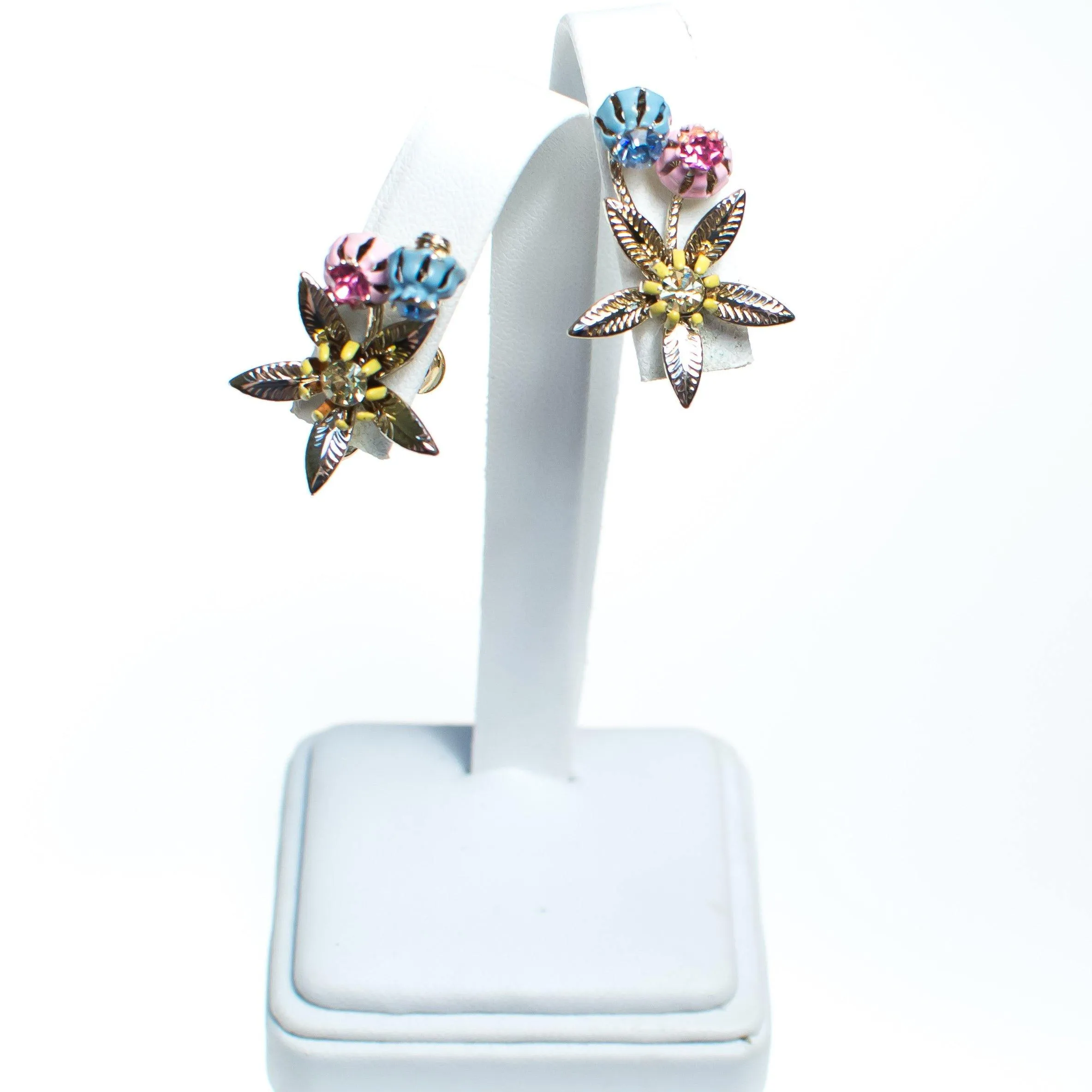 Vintage Pink Blue and Gold Flower Earrings