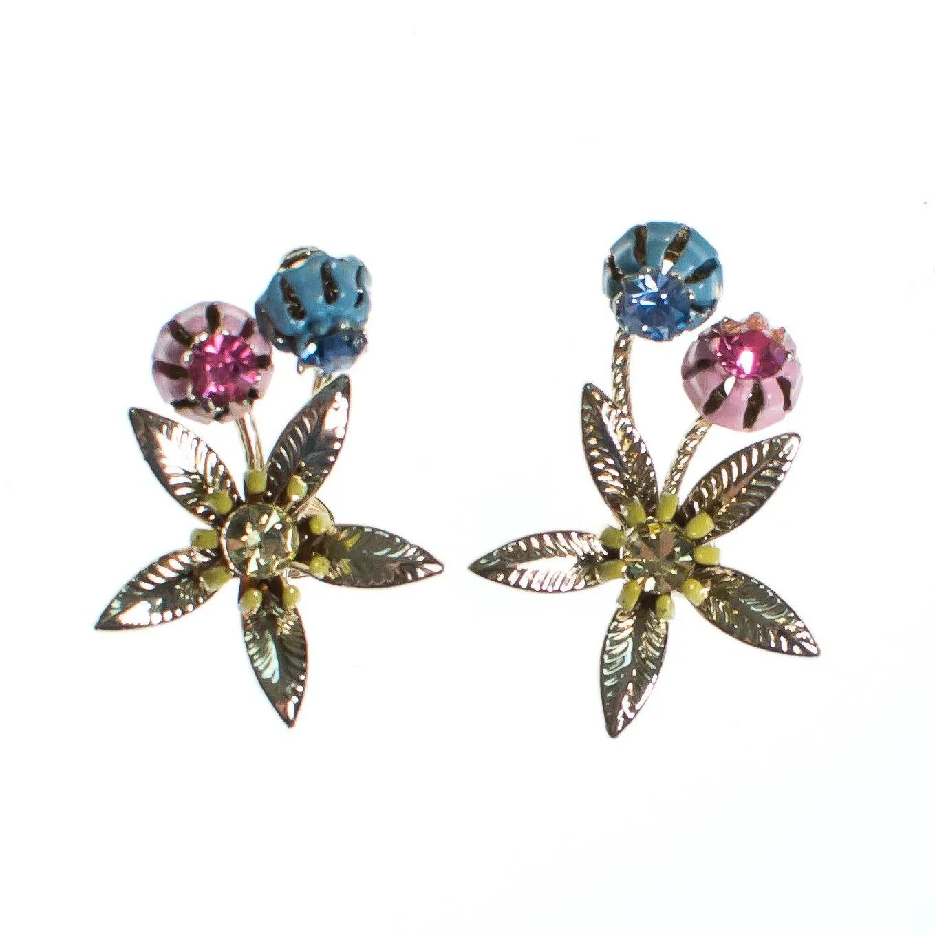 Vintage Pink Blue and Gold Flower Earrings