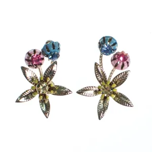 Vintage Pink Blue and Gold Flower Earrings