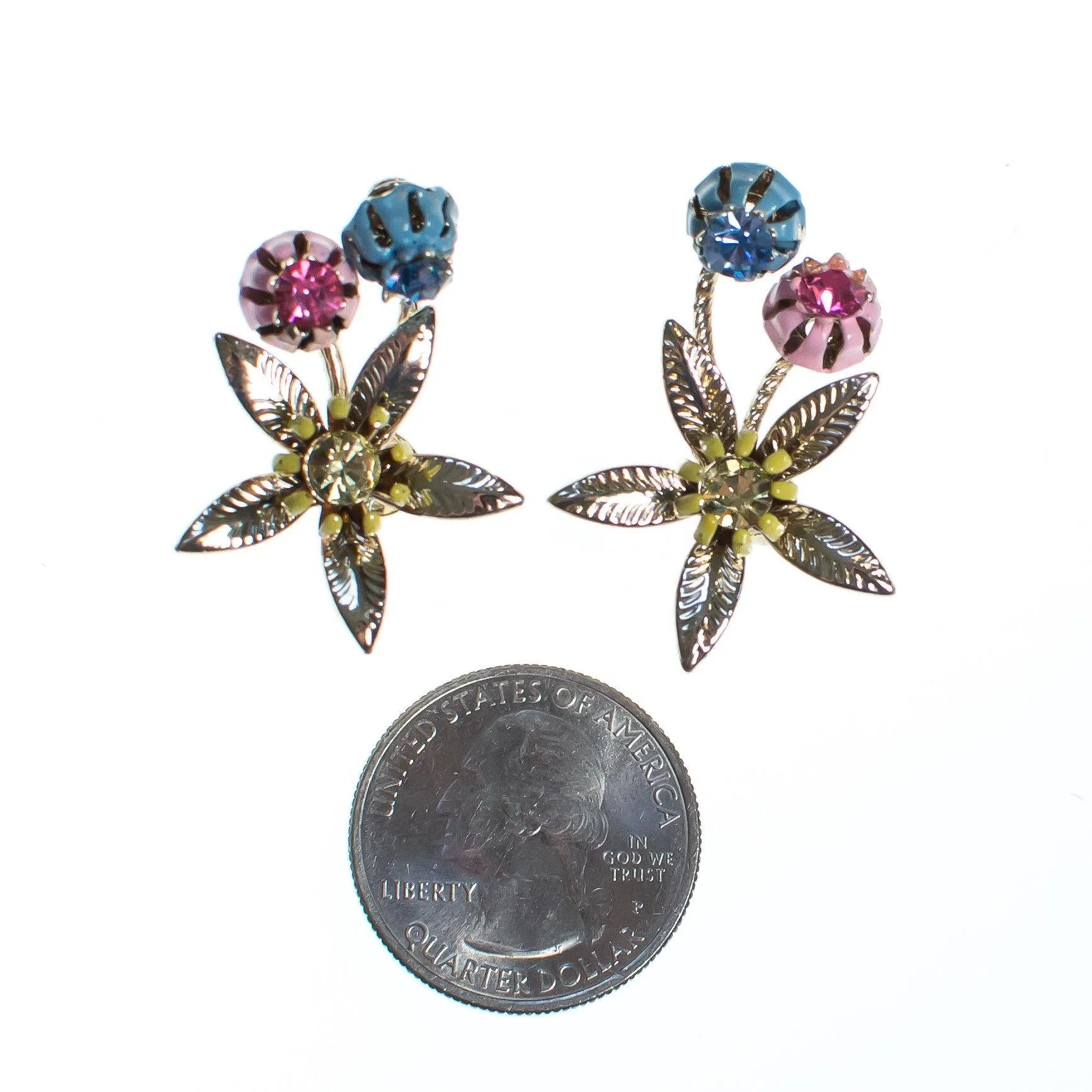 Vintage Pink Blue and Gold Flower Earrings