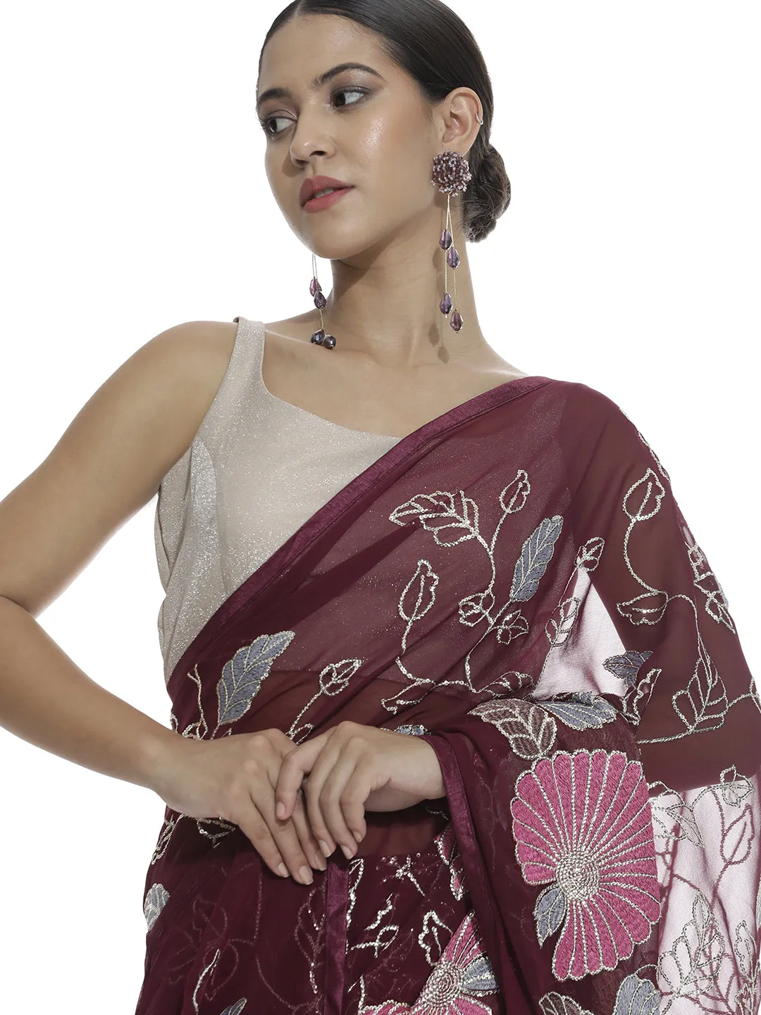 Violet Floral Sequin Work Pure Georgette Saree