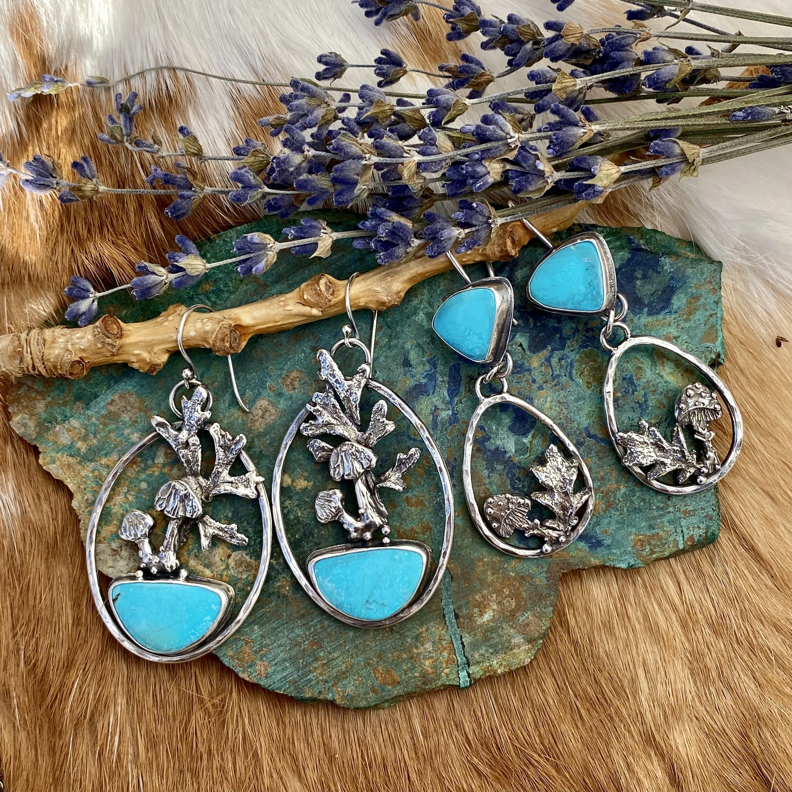 Woodland Mushrooms, leaves and Kingman Turquoise hand cast Sterling Silver Earrings