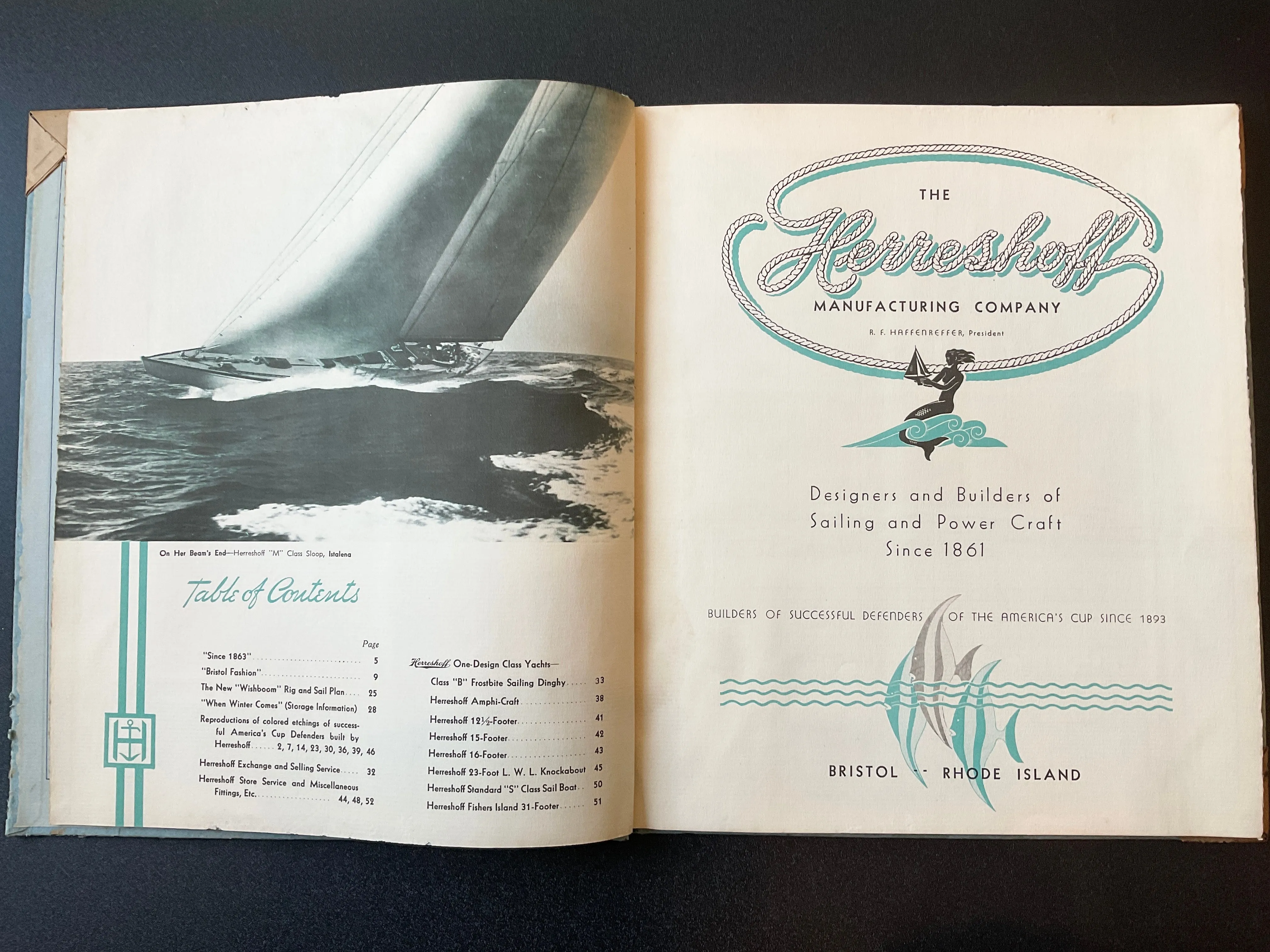 Yachts By Herreshoff Designers And Builders Of Sailing and Power Craft Book circa 1934 with very rare Herreshoff Mfg. Co. Fire Department Badge